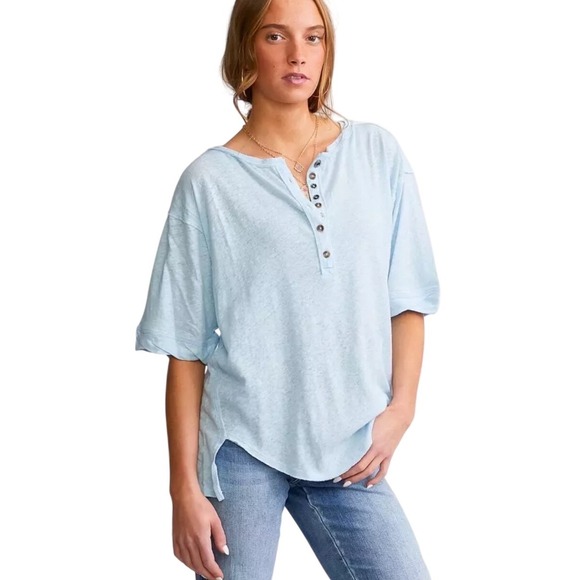 Free People Tops - We The Free Maribel Henley Size S Light Blue Good Linen Blend Raw Hem Relaxed